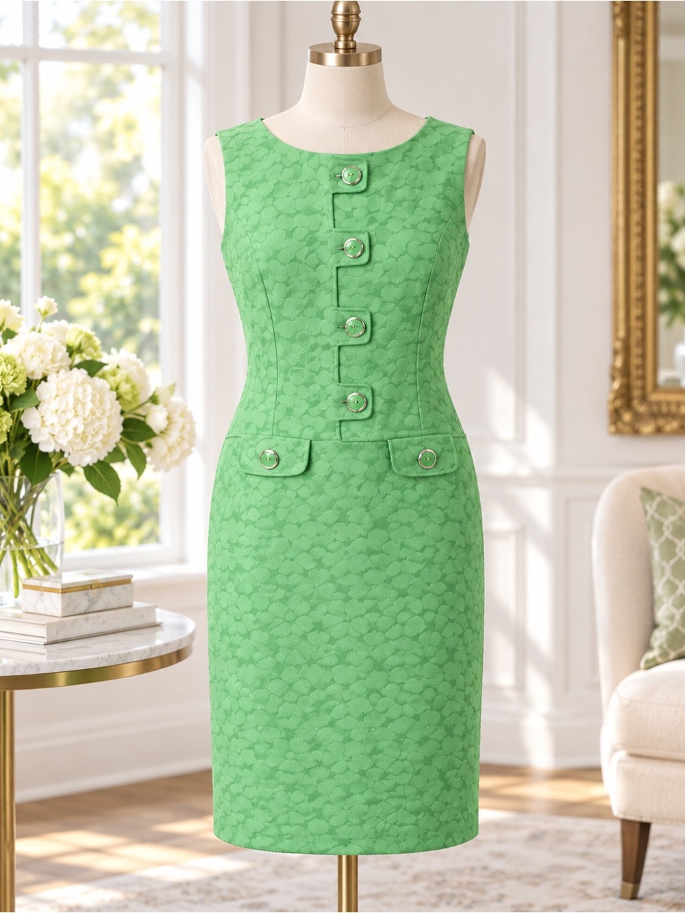Tahari Arthur S Levine Green Jacquard Sheath Dress Size 8 Button Detail Career